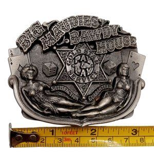 Big Maudies Bawdy House Belt Buckle Vintage Dancers Showgirls Playing Cards